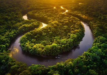 Fototapeta premium An aerial view of a winding river cutting through a dense forest, bathed in golden sunlight. This stunning landscape is perfect for environmental, travel, and nature-themed stock photography.