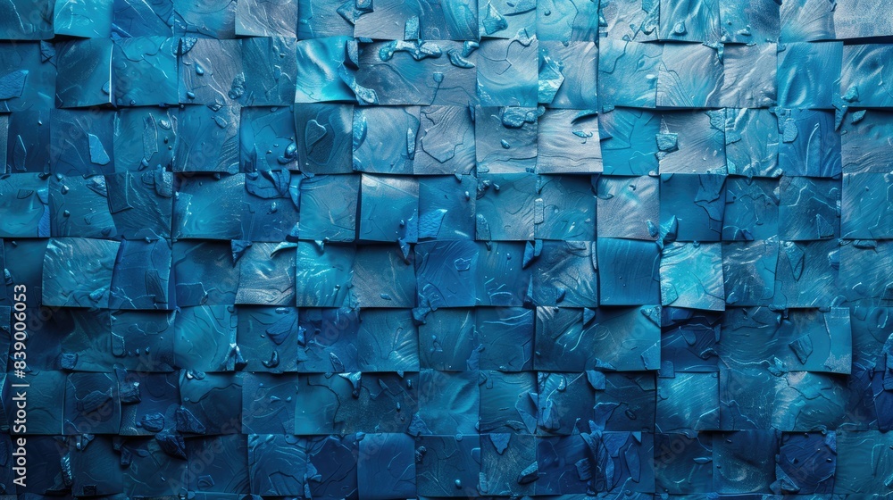 Poster assorted blue colors create a square background with a textured image