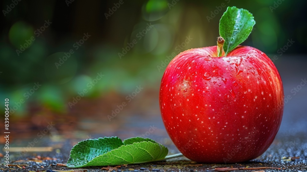 Sticker A red apple with a leaf on the ground next to it, AI