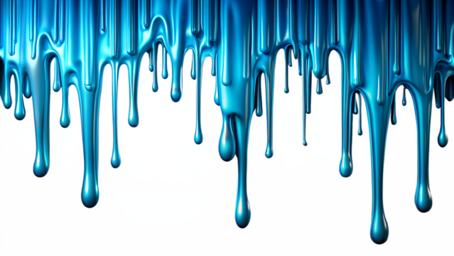 blue paint drops over white background. The paint appears thick, forming elongated droplets before narrowing into rounded droplets at the tips