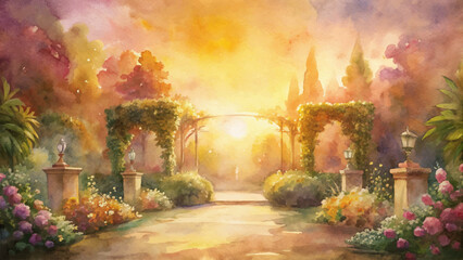 Watercolor background featuring a flower garden bathed in the evening sun