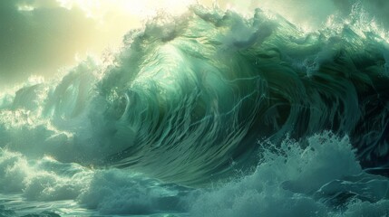 "Close-up shot of an ocean wave in CG 3D rendering, showcasing the intricate textures of the water, dynamic movement, and high-definition realism, with light rays piercing through