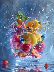 Vibrant Fruits and Vegetables Cascading into a Resin Container: A Fresh Take on Nature's Bounty