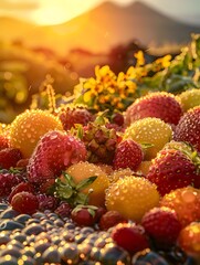 Golden Hour Harvest: Succulent Fruits and Vegetables Radiate Life Against a Dramatic Volcanic Desert Backdrop