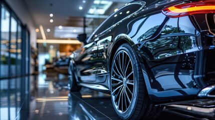 Fototapeta premium Showroom Display of Luxurious Black Car at Car Dealership