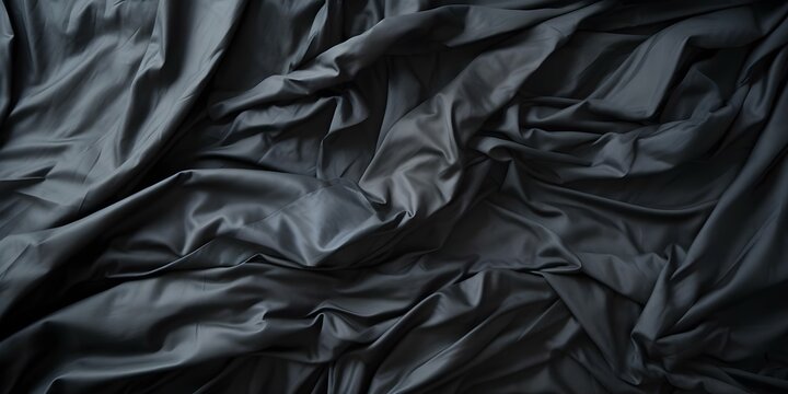 Birdseye view of messy black bed with crumpled sheets and pillows. Concept Bedroom Decor, Messy Bed, Crumpled Sheets, Black Bed, Birdseye View