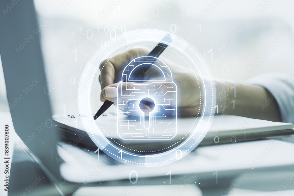 Poster creative lock illustration with microcircuit and hand writing in diary on background with laptop, cy