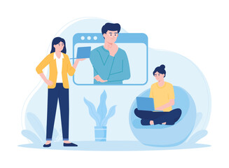 workers conduct online meetings concept flat illustration