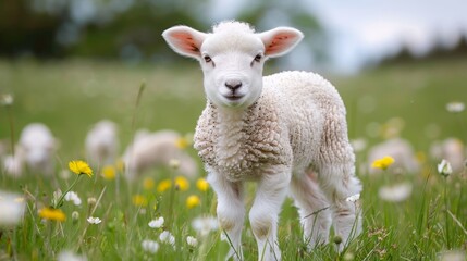 Obraz premium A baby lamb standing in a field of flowers and grass, AI