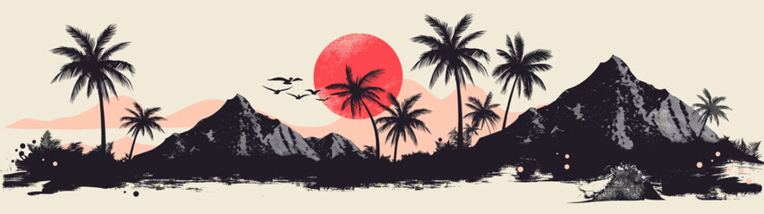 Fototapeta premium Tropical Palm Trees and Pink Sun Vector Silhouettes