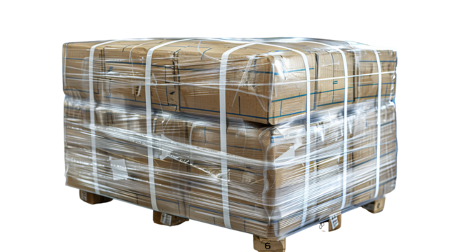 Packed pallet with cardboard boxes wrapped in plastic stretch film, ready for shipping and transportation on a white background.