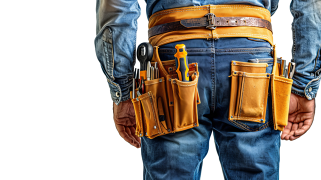 Rear view of a handyman with a yellow tool belt filled with tools, wearing blue jeans and a denim shirt, isolated on white background.