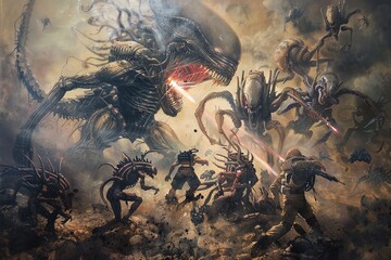 The image is showing a scene from Aliens movie, where a group of Colonial Marines are fighting against a horde of Aliens.