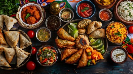 Table set with traditional Indian dishes, samosas, biryani, sweets, flags. Independence Day of India, Republic Day