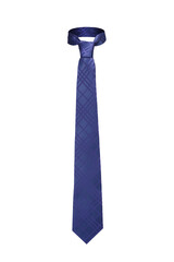 Close-up shot of an elegant blue tie embossed with a geometric pattern. The patterned blue tie is isolated on a white background. Front view.