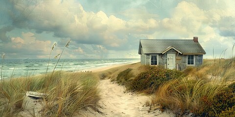 Quaint cottage surrounded by colorful flowers and lush greenery under a bright blue sky with fluffy clouds in a serene countryside setting