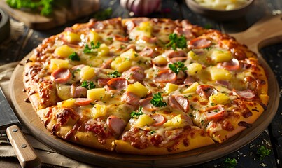 Hawaiian pizza with pineapple and ham on wooden board , Generative AI