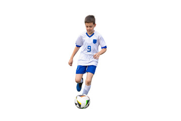 Isolated, transparent young soccer player in a white dress dribbling the ball