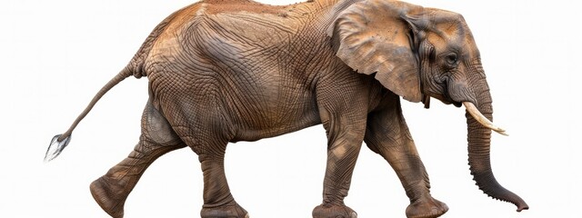 A side view of an elephant walking on white background