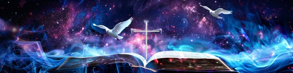 World Book Day, in the galaxy of the universe, a Bible slowly opens, the cross rises, the white dove flies to the cross, emitting neon light, smoke, neon halo, wonderland, dream, religion and culture,