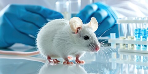 A white mouse is standing on the table with some test tube on background in lab