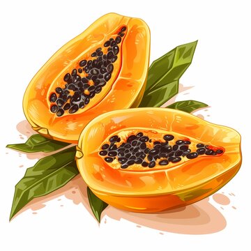 sliced papaya fruit with seeds and leaves clip art preview