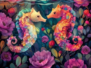 Obraz premium Vibrant seahorse illustration with floral elements, colorful marine life fantasy art, whimsical underwater garden scene with seahorses and flowers
