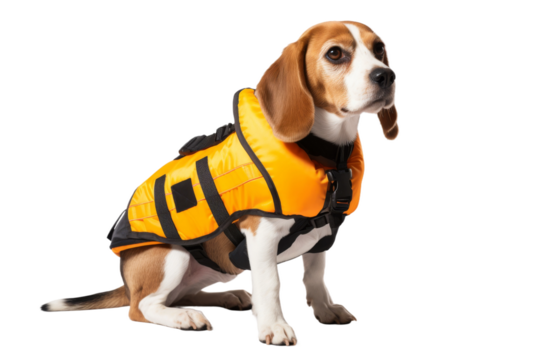 The Serene Seafarer: A Pooch Ponders in a PFD on a White or Clear Surface PNG Transparent Background..