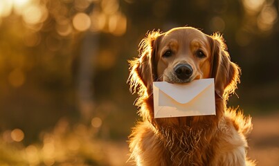 Golden retriever dog holding a white envelope in its mouth with blur outdoor background in sunny day