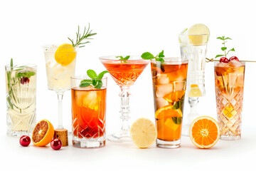 Fototapeta premium Set and collection of non-alcohol cocktails or mocktail isolated on white background with fresh summer fruits