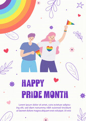Card and poster illustration with Pride Month concept and example texts in flat style and vector design with paper pattern background.