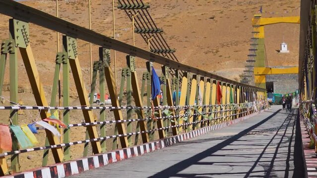 Closeup shot of Chicham bridge between Chicham and Kibber village in Spiti Valley, Himachal Pradesh, India. Asia's highest cable stayed bridge in Spiti Valley. Bridge between two mountains in Himalaya