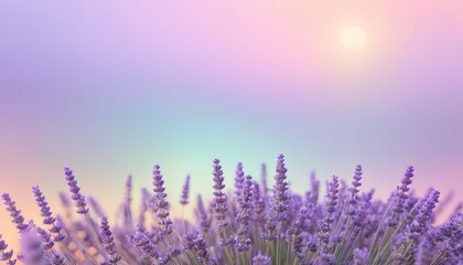 Naklejka premium Tranquil lavender field under a pastel-colored sky during sunset, evoking calm and serenity. Ideal for nature themes, relaxation, and wellness projects.. AI Generation