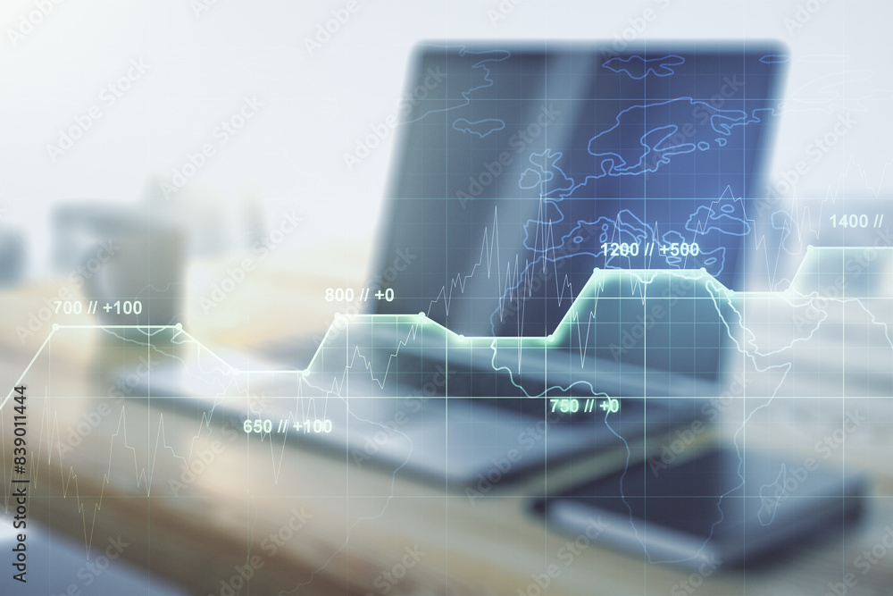 Fototapete double exposure of abstract creative statistics data hologram and modern desk with computer on backg