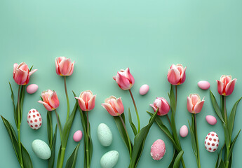 Easter border with tulips and eggs on pastel green background, banner for ecommerce promotion of spring holiday concept.