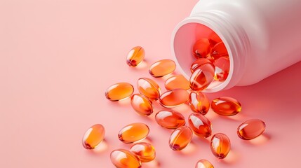 White supplement bottle with fish oil capsules on a pastel pink background