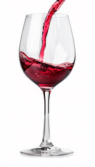 Red wine pouring into glass isolated on white background. Rose wine splashing in glassware.