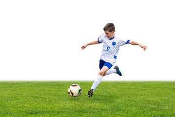 Young boy kicks a soccer ball on a grassy field, with a clean white background for easy text overlay. This versatile stock image is perfect for sports, fitness, or youth-focused content