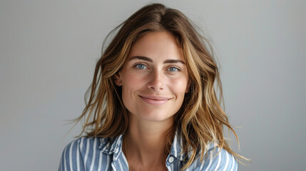 Naklejka premium portrait of happy woman in her thirties, shoulder length brown hair with blonde highlights, blue and white striped shirt on light grey background, soft studio lighting