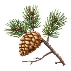 A pine tree branch with a pine cone on it on transparent background. The pine cone is brown and has a pointy top. Christmas decorations