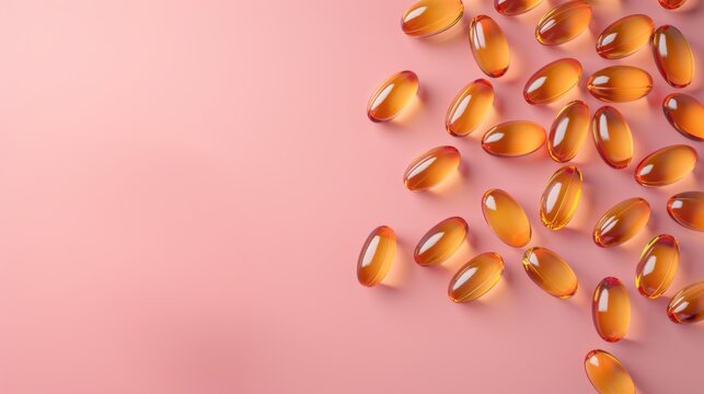 Fish oil capsules on a pastel pink background