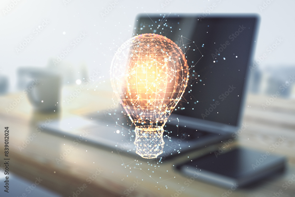 Poster creative idea concept with light bulb illustration and modern desktop with computer on background. m