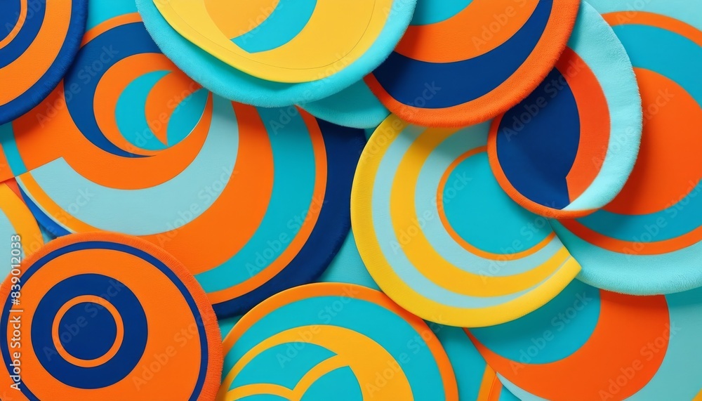 Poster a visually captivating abstract design featuring geometric circular patterns in blue, orange, and te