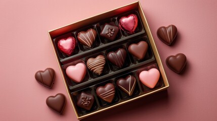 Chocolate hearts in box gift on brown background