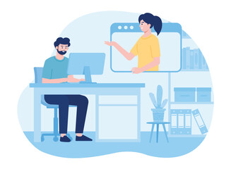man meeting with woman on computer concept flat illustration