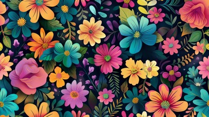 A vibrant illustration of colorful flowers, creating an elegant and playful pattern on dark background.