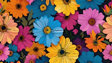 Fototapeta premium A vibrant illustration of colorful flowers, creating an elegant and playful pattern on dark background.
