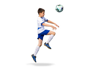 Isolated, transparent young soccer player leaps into the air, using his head to direct the ball in a dynamic and intense soccer match scene
