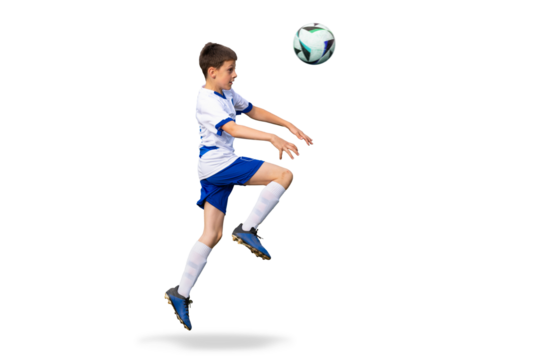 Isolated, transparent young soccer player leaps into the air, using his head to direct the ball in a dynamic and intense soccer match scene - Powered by Adobe