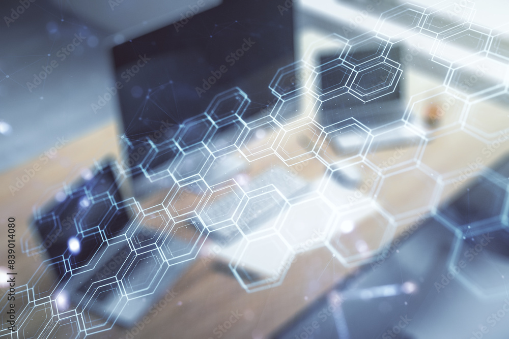 Aufkleber creative abstract wireless technology hologram with hexagon and modern desktop with pc on background
